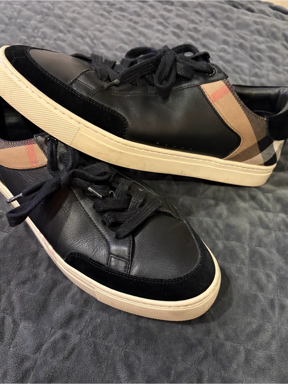 Burberry Black Leather Sneakers with Beige Burberry Check Heel Panel - Size 11